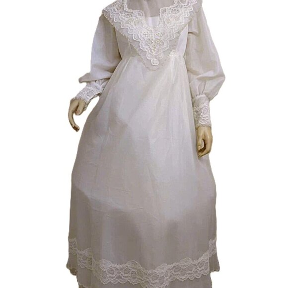 Vintage 1970s Wedding Dress Bridal Gown Long Sleeves Lace Chiffon 29"W 36"B - Picture 5 of 11